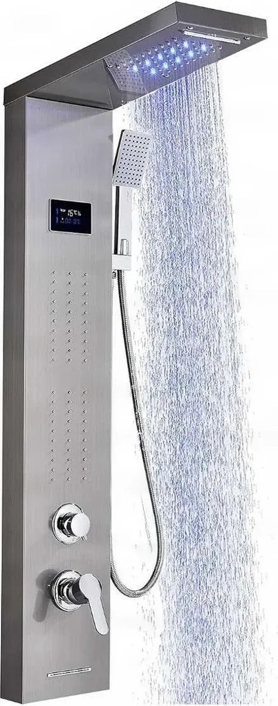Zuhanyrendszer EYN BSP1912 LED-világítással, vízeséskifolyóval és masszázsfúvókákkal, többféle, például matt fekete és szálcsiszolt ezüst kivitelben — Nikkel