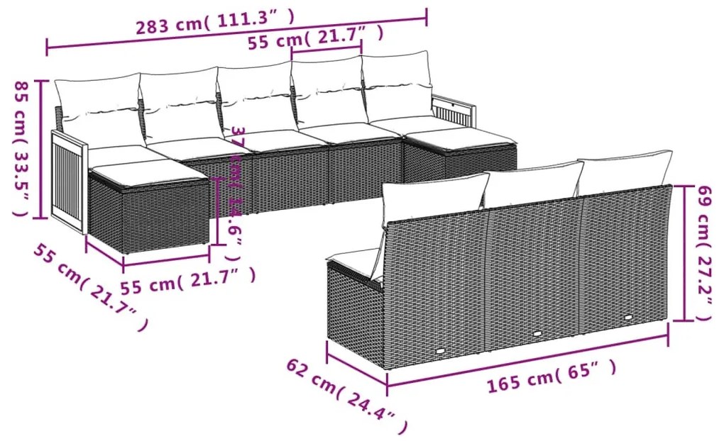 10 részes fekete polyrattan kerti ülőgarnitúra párnákkal