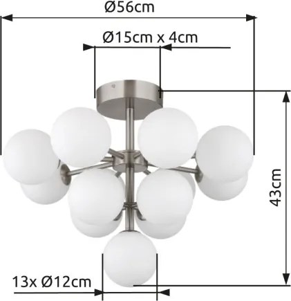 Globo 56143-13ND Mennyezeti lámpa fém matt nikkel, fehér színű üveg gömbök, ø: 560mm, M: 430mm, 13x G9 LED 5W 230V izzók nélkül
