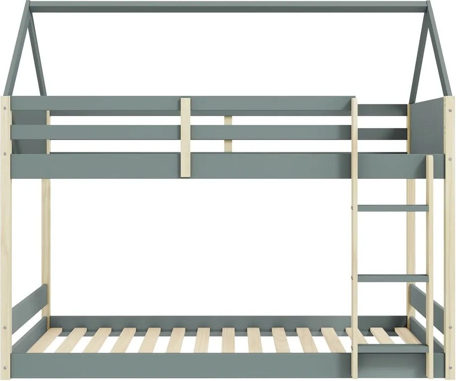 Natúr színű-szürkészöld házikó alakú-emeletes gyerekágy ágyráccsal 90x190 cm Valka – Marckeric