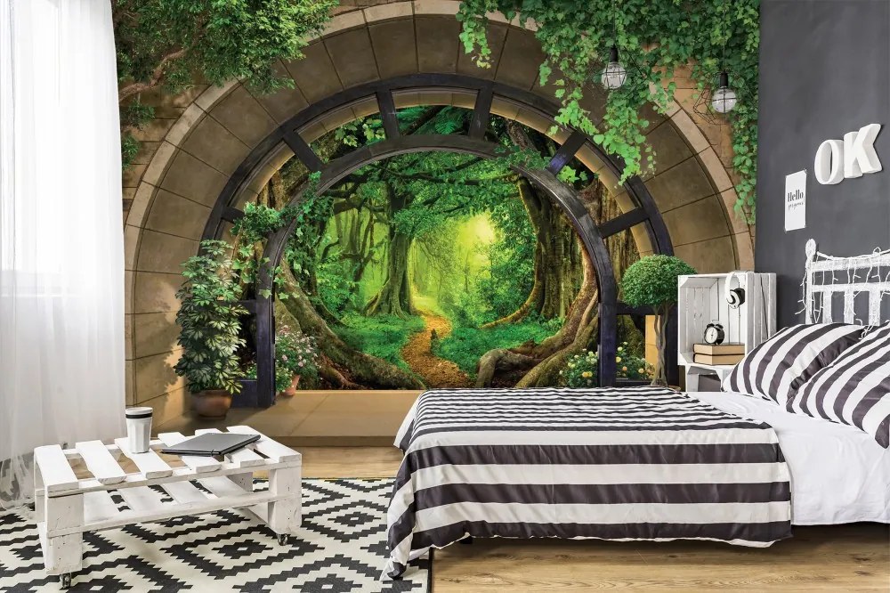 Boltíven át kilátás az erdőre poszter, fotótapéta, Vlies (400 x 280 cm)