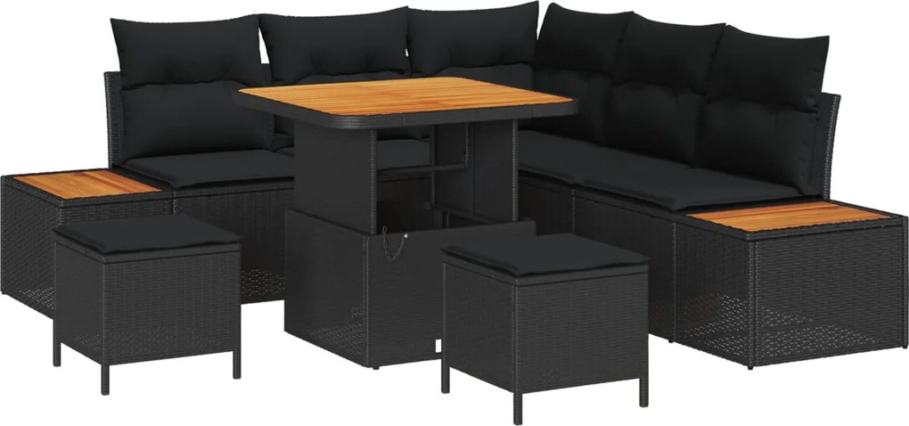 vidaXL Kerti Kanapé Szett párnával tárolóval 8 pcs Fekete Poli rattan
