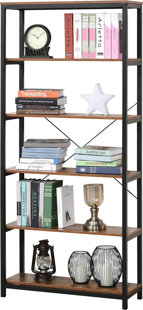 HOMCOM Ipari Stílusú Retro Könyvespolc 6 Nyitott Polccal Könyvekhez és Felborulás Elleni Rendszerrel, Tárolás a Nappaliban és Irodában 80x30x180 cm Ru