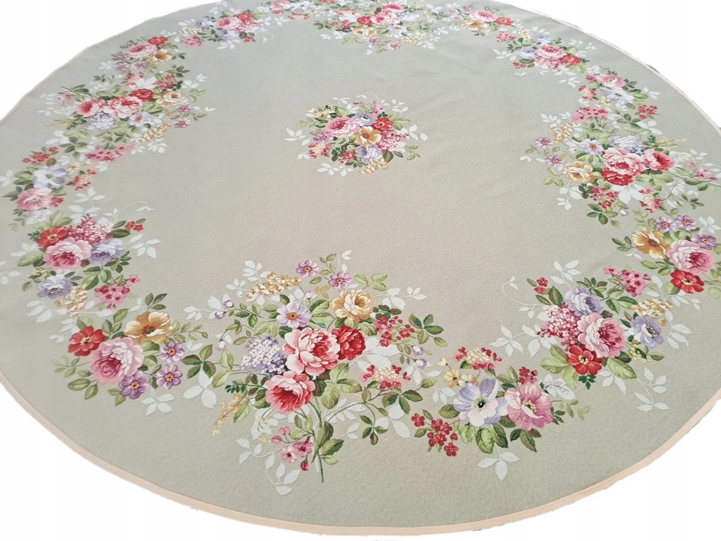 165 cm-es kerek, bézs színű, rózsás gobelin Abrosz vastag anyag, többféle mintával