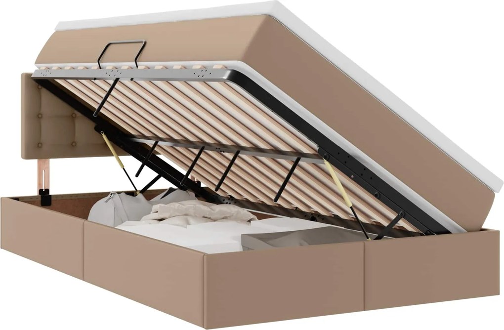 vidaXL Ágy tárolóval és LED lámpával matracmal Kávé 120 x 200 cm Műbőr