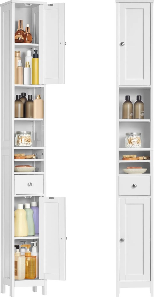 Magas fürdőszobai szekrény, keskeny, állítható polcokkal, modern, felhőfehér