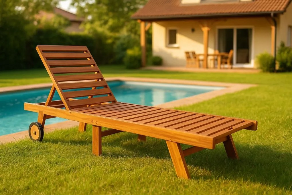 Állítható teakfa nyugágy kerekekkel  összecsukható 200 cm