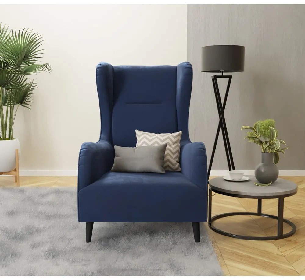 Sötétkék bársony füles fotel Carole – Ropez