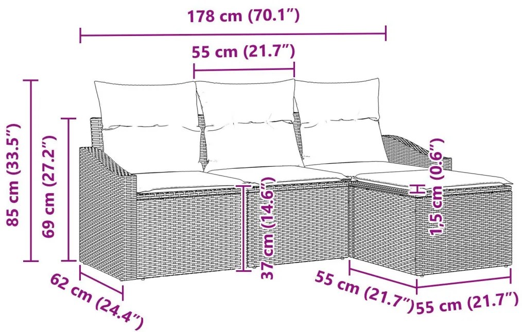 Kanapé Szett párnával 4 pcs Világosszürke polirattan