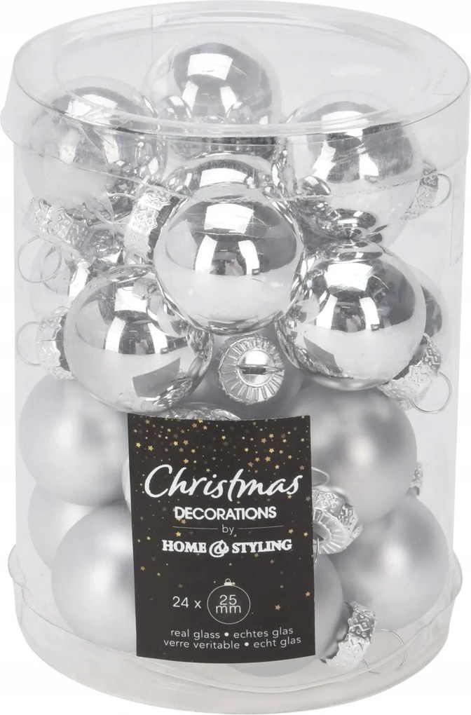 Karácsonyi üvegdísz készlet 24 db, ø 2,5 cm, fényes/matt ezüst