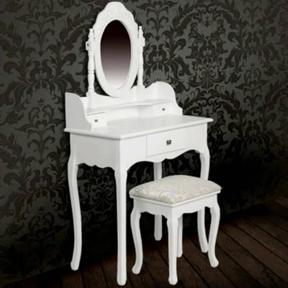 Fehér fésülködőasztal tükörrel és zsámollyal