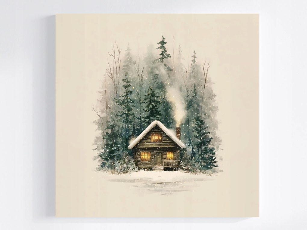 Vászonkép Canvas Tájkép Erdő Ház Kunyhó Tél Hó Este Retro 80x80