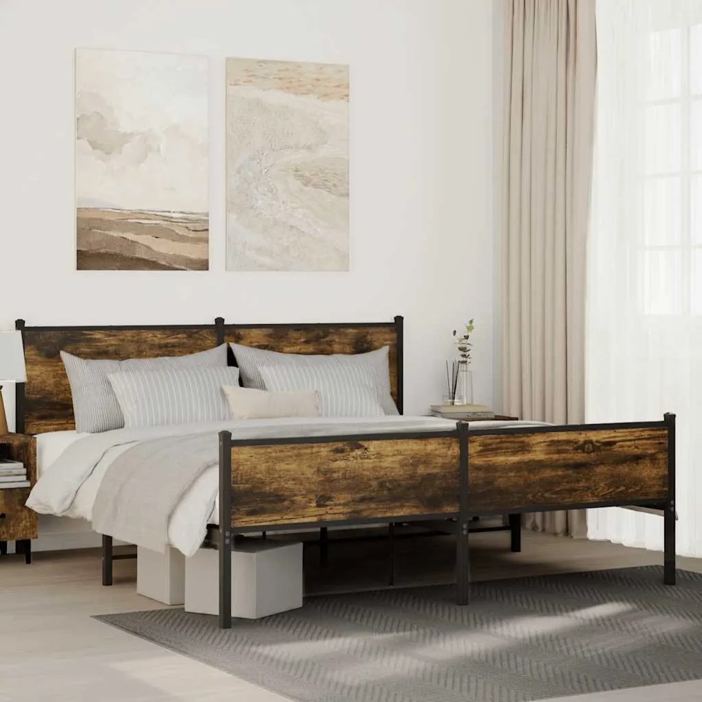 füstös tölgy színű fém ágykeret matrac nélkül 160 x 200 cm