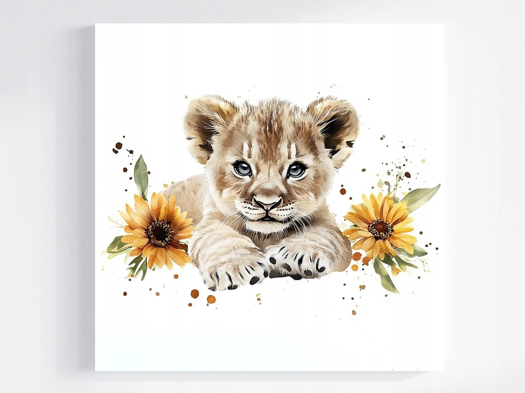 Canvas Vászonkép Kis Oroszlán Oroszlánkölyök Cica Baba Virágok 40x40