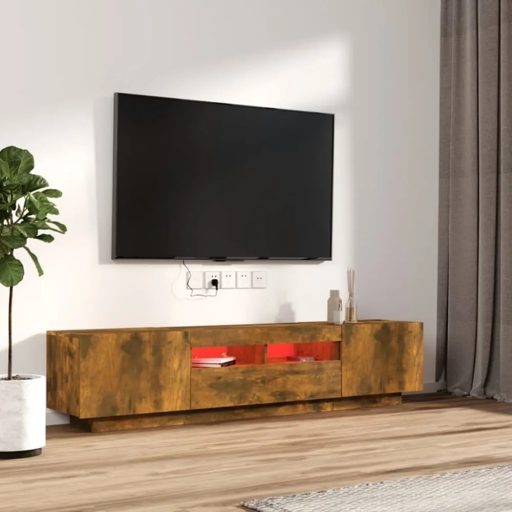 2 részes füstös tölgy színű fa TV-szekrény szett LED-lámpákkal