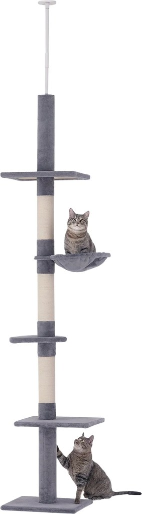 PawHut Karcolóoszlop Mennyezet Magasságban Állítható Magasságú, Stabil Macskafa Sisal Oszlopokkal, Szürke, 40 x 34 x 230-260 cm | Aosom