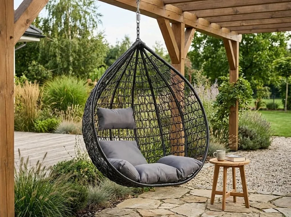 Fekete függőszék KOKON állvány nélkül, világos párna