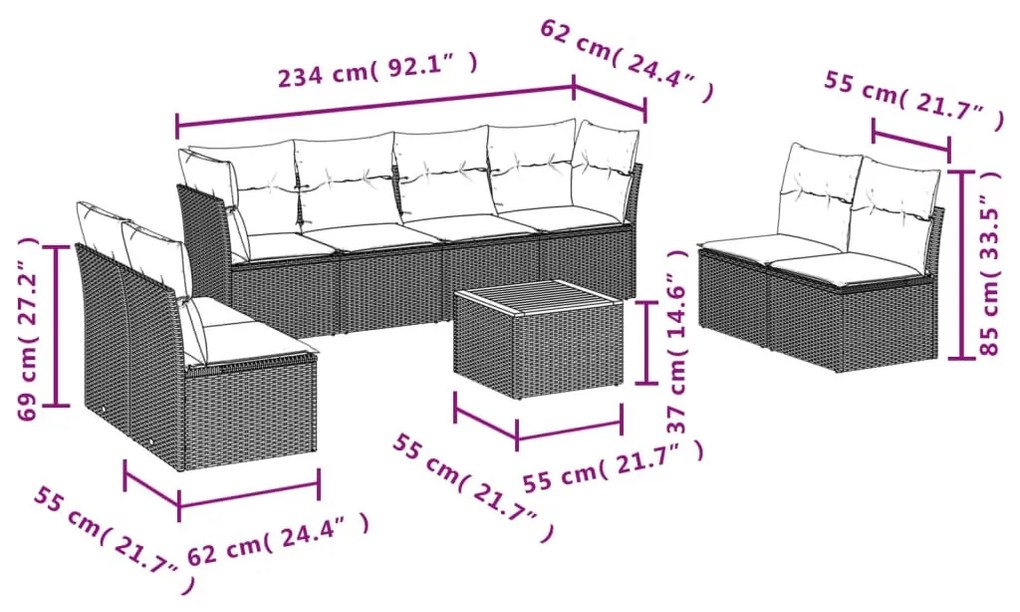 9 részes szürke polyrattan kerti ülőgarnitúra párnákkal