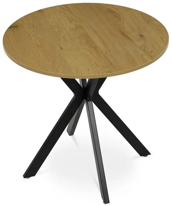 Masă rotundă de dining cu decor stejar. Dimensiuni: 80x75 cm. Blat din MDF, cadru metalic