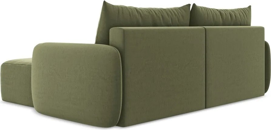 Zöld bársony kinyitható-tárolóhelyes sarokkanapé (jobb oldali-heverő résszel) Kalena – Makamii