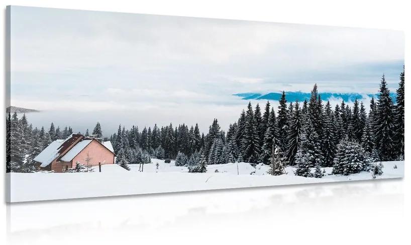 Kép faház faház hóval borított fenyők mellett