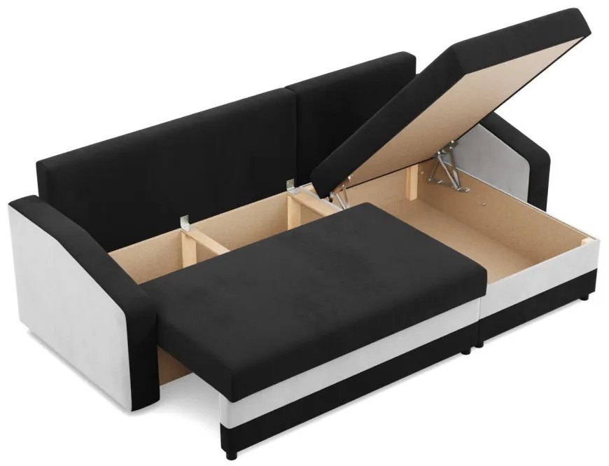 Hewlet sarokkanapé, 2 ágyneműtartóval, szövet anyag, univerzális oldal, bonell töltet, fekete - fehér