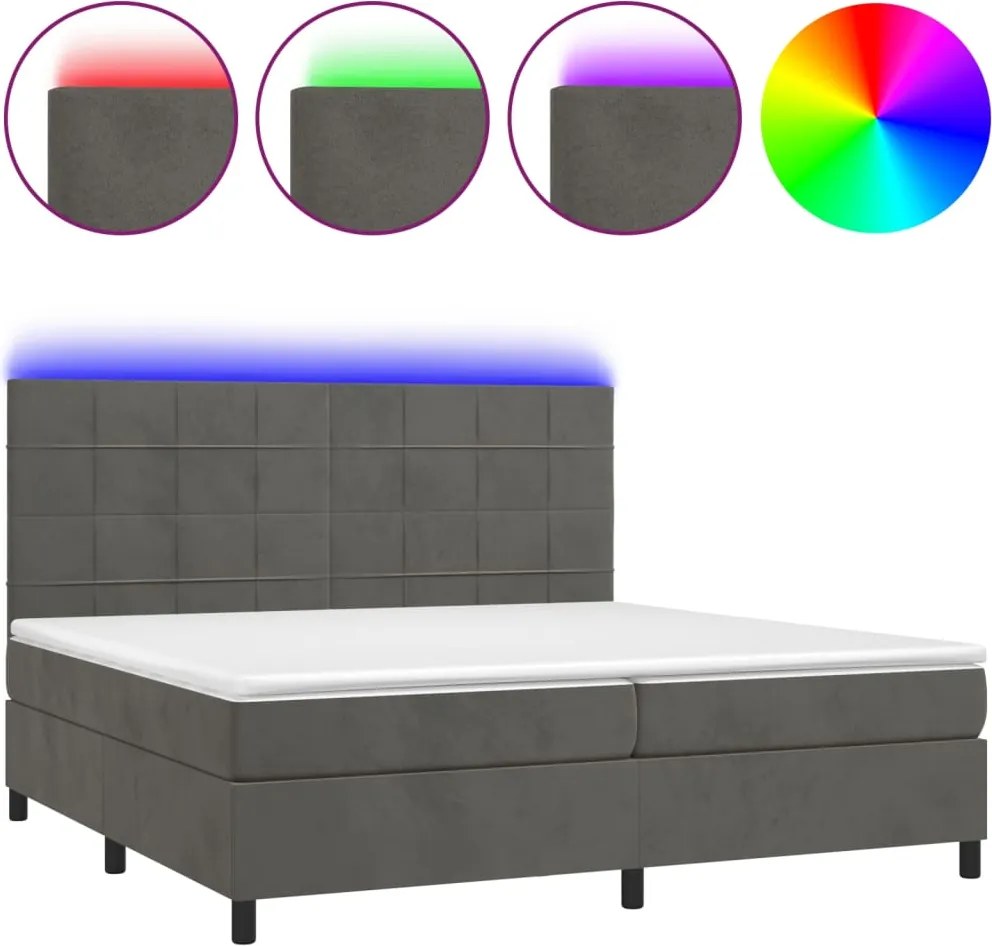 vidaXL sötétszürke bársony rugós és LED-es ágy matraccal 200x200 cm