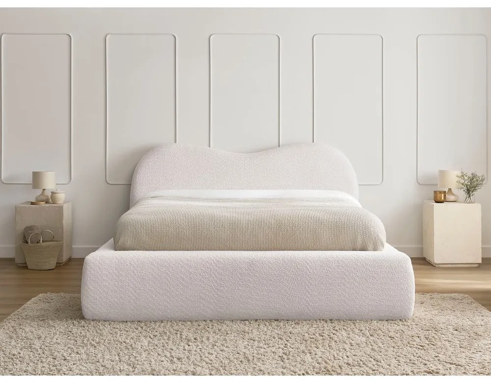 Fehér kárpitozott ágyneműtartós franciaágy ágyráccsal 140x190 cm Orlane – Bobochic Paris