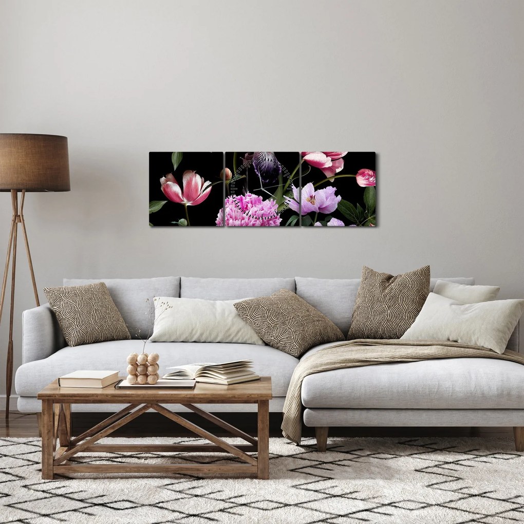 Kép - Virágok illusztrációja (órával) (90x30 cm)