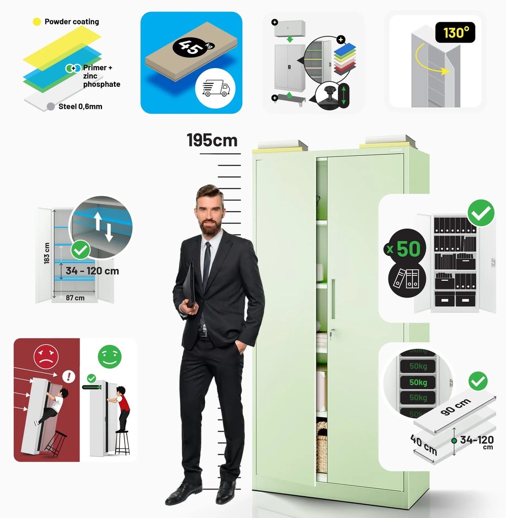 Kétajtós szekrény polcokkal JAN H, 900 x 1950 x 400 mm, Fresh Style: pasztellzöld