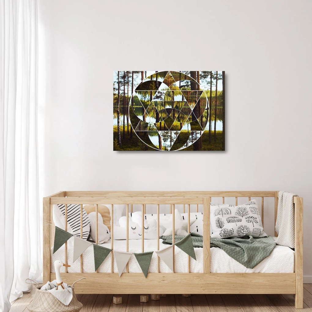 Kép - Geometrikus kollázs a skandináv erdők hátterében (üvegen) (70x50 cm)