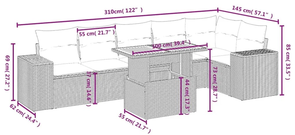 7 részes bézs polyrattan kerti ülőgarnitúra párnákkal