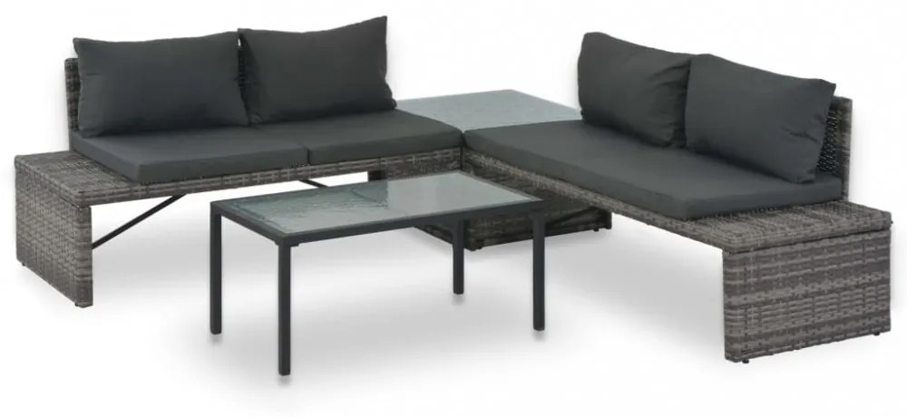 3-részes szürke polyrattan kerti bútorszett párnákkal