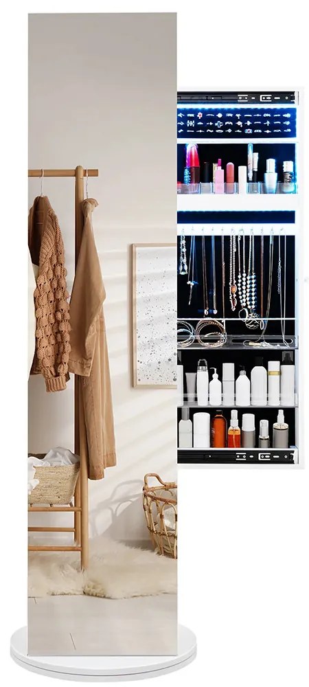 Körbeforgatható ékszerszekrény teljes alakos tükörrel és kabát tartóval