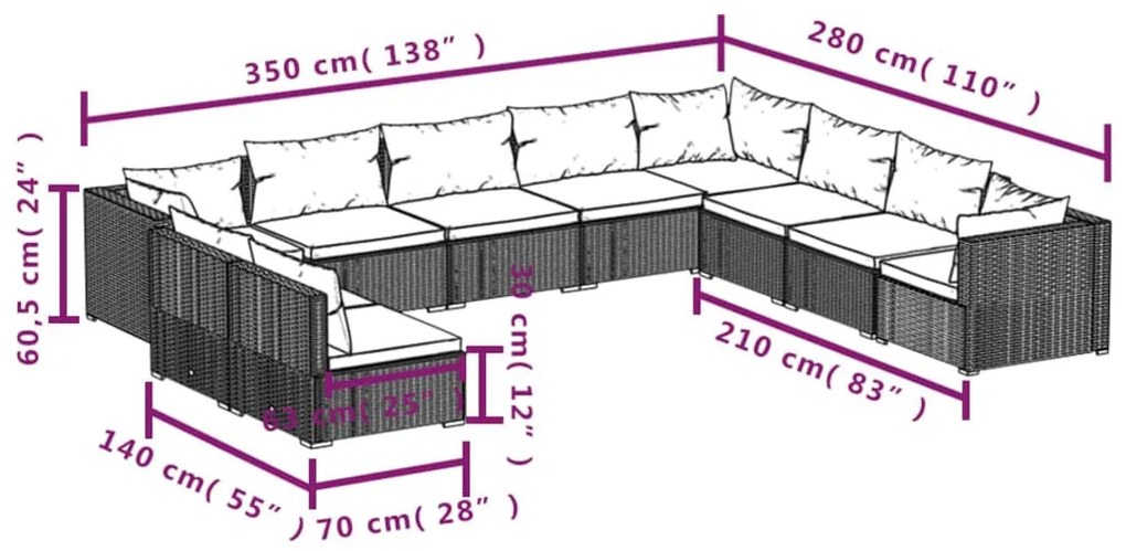 10 részes barna polyrattan kerti bútorszett párnákkal