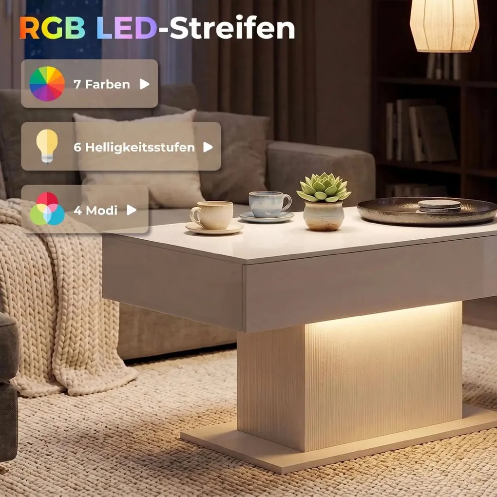 HOMCOM Dohányzóasztal tárolóval, LED magasfényű, modern, 2 fiókkal és távirányítóval, fehér