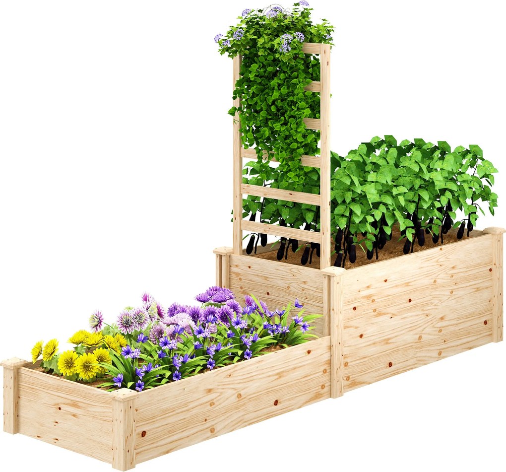 Outsunny Nagy Kültéri Fa Virágtartó Hálós Lécsel Futónövényekhez és 2 Virágtartóval Kert Pavilon Teraszhoz 222x63x132 cm Természetes Fa | Aosom