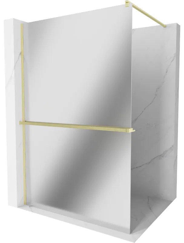 Mexen Kioto+, Walk-In zuhanyparaván polccal és akasztóval 110 x 200 cm, 8 mm-es tükörmintás üveg, arany matt profil, 800-110-121-55-50