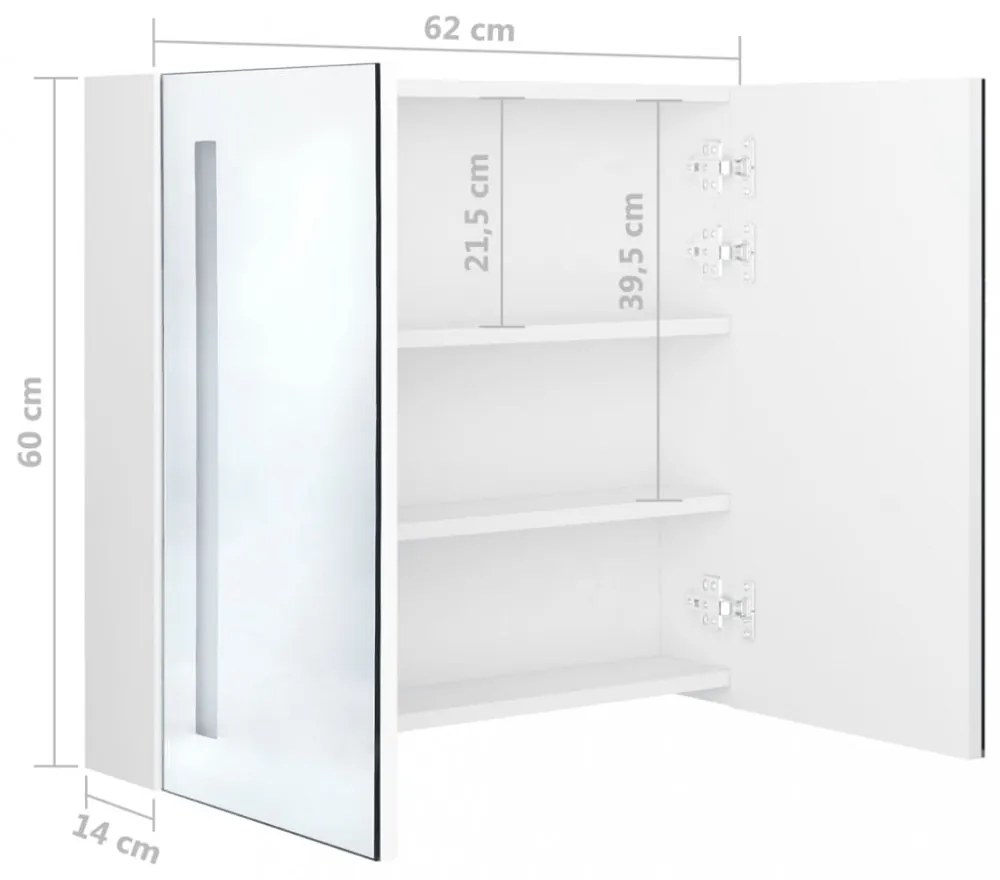fényes fehér LED-es tükrös fürdőszobaszekrény 62 x 14 x 60 cm