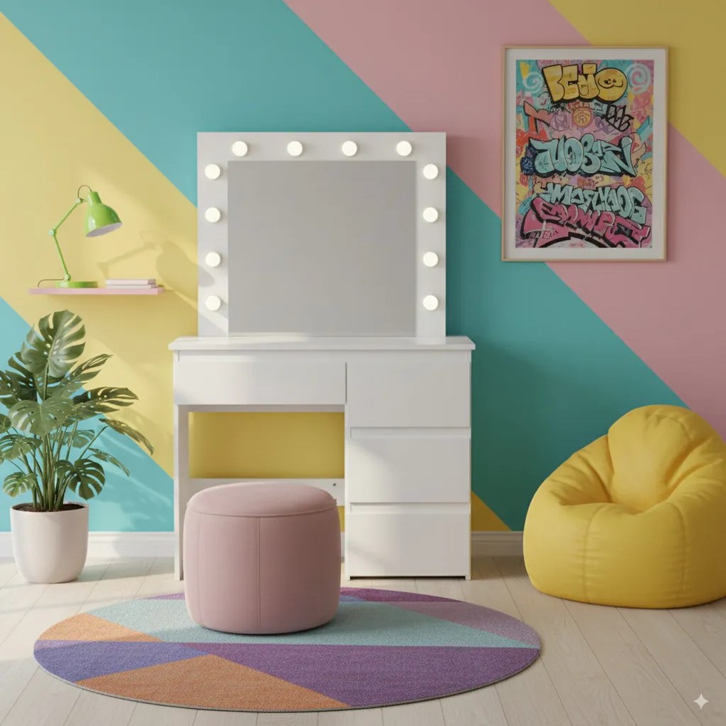 Fehér fésülködőasztal világítással és 4 fiókkal 94 cm x 43 cm x 140 cm