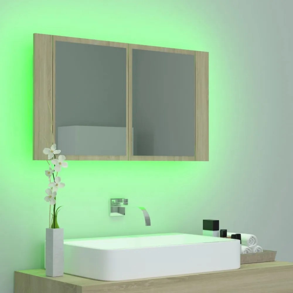 tölgyszínű akril LED-es tükrös fürdőszobaszekrény 80x12x45 cm