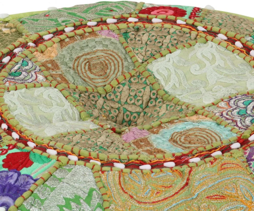 kézzel készült kerek zöld pamut patchwork puff 40 x 20 cm