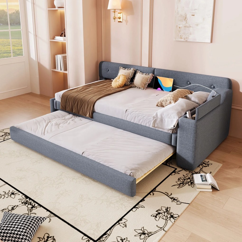 Összecsukható kanapé, 90x200 cm Gyerekágy Kihúzható ágy Usb C szürke