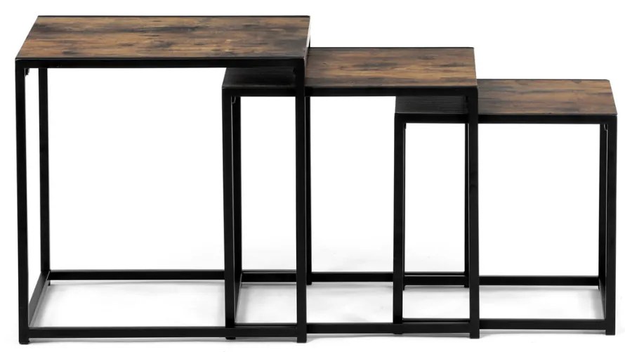 Set 3 măsuțe, MDF, decor lemn vechi, metal, lac negru