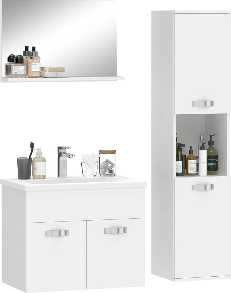 Kleankin 4 részes fali fürdőszobabútor — kerámia mosdó, magas tároló, tükör | Aosom