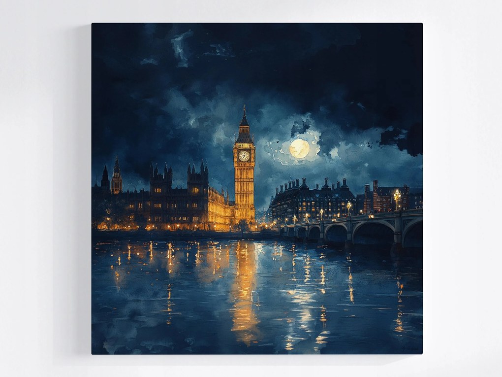 Canvas Város London Temze Big Ben Éjszaka Hold 40x40