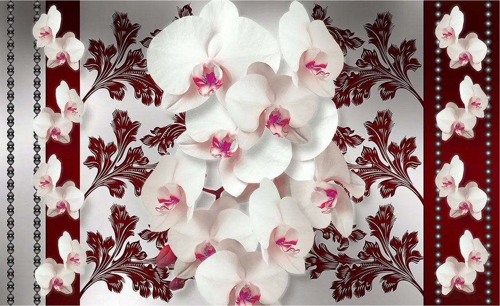 Fotótapéta Orchideák bordó ezüst gyöngy elegancia minta 208x146 +ragasztó