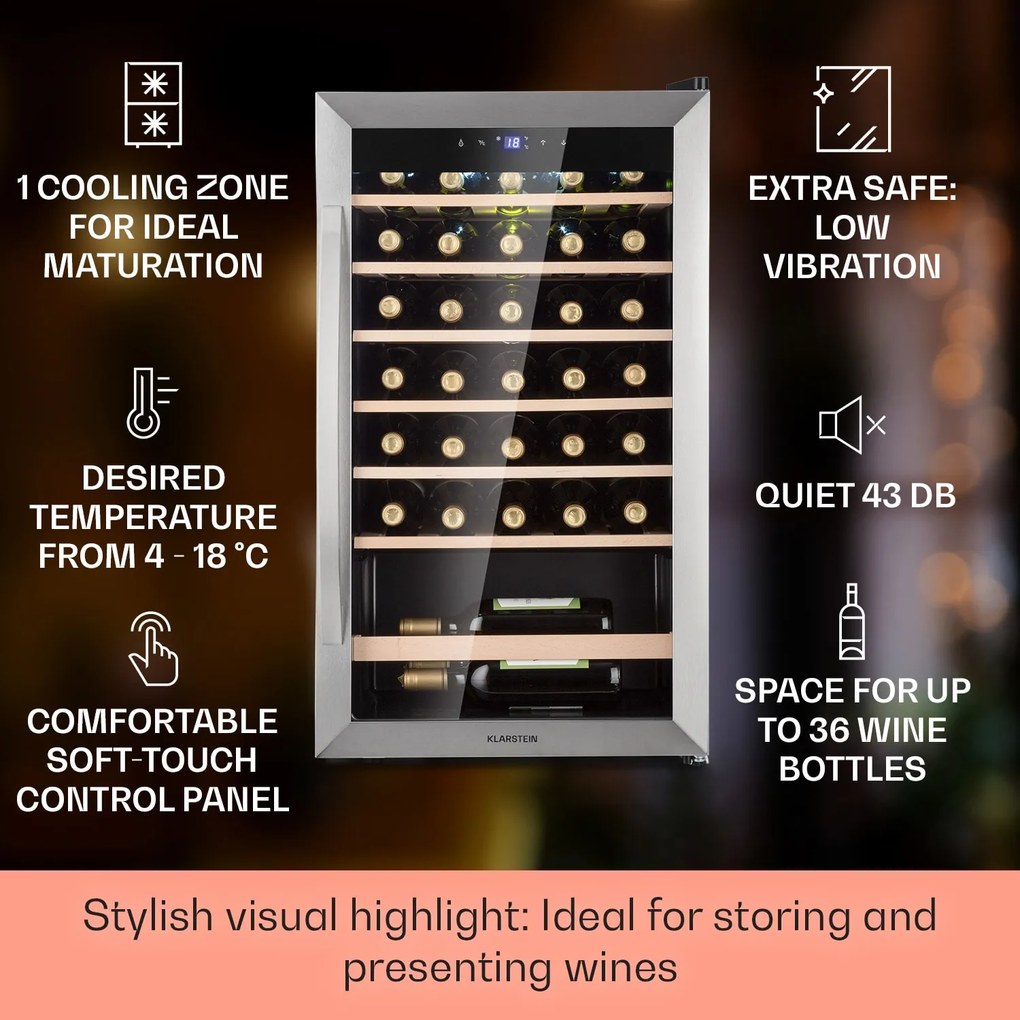 Klarstein Vinamour 32 Uno, borhűtő, 95 liter, 36 palack, 4-18 °C, 1 zóna, érintésvezérlés