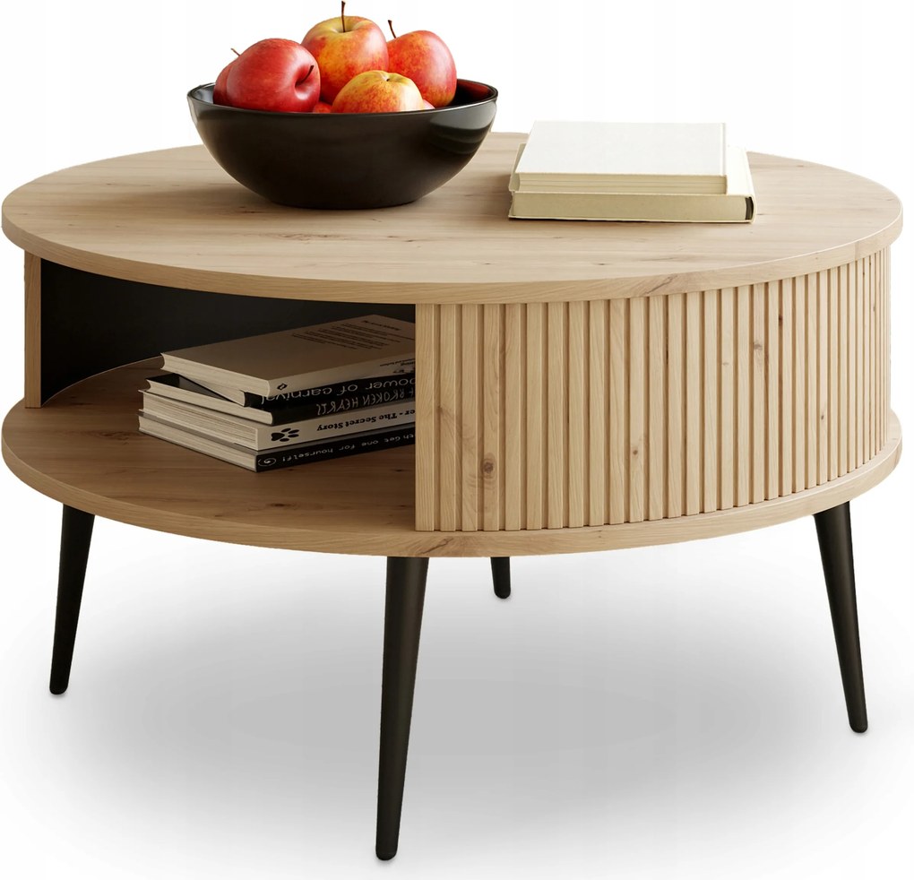 Modern Dohányzóasztal Lamellás Tölgy Artisan Ø 76 cm Verlo Fekete Lábak