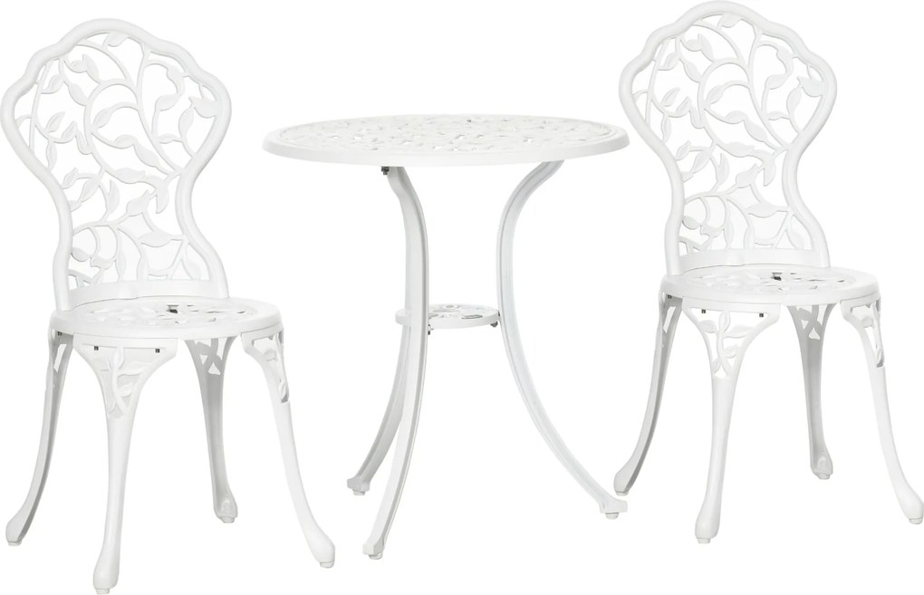 Outsunny 3 darabos alumínium kert szett fehér virágmintával, 2 kültéri szék 45x42x85,5 cm és kerek asztal Ø61x66,5 cm | Aosom